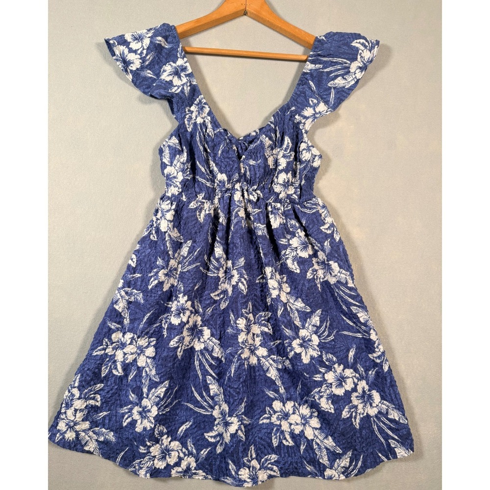 American Eagle Blue Floral Sun Dress Seersucker Ruffle Mini Dress Pocket Smock M